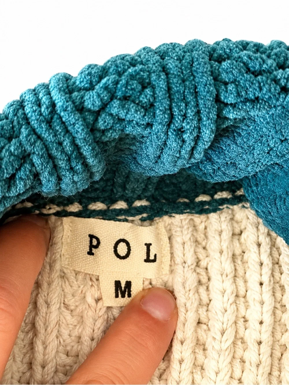 POL Oversized Chunky Knit Color Block Turtleneck Sweater Teal Cream Rust Medium